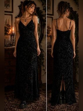 Vintage 90s Byer Too California Black Burnout Velvet Maxi Dress Size 3 Made USA